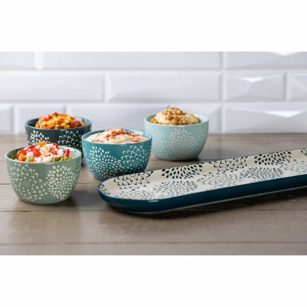 New in Box MUMS 5 Piece Serve Serving Set, Ceramic, Floral Dish Trays